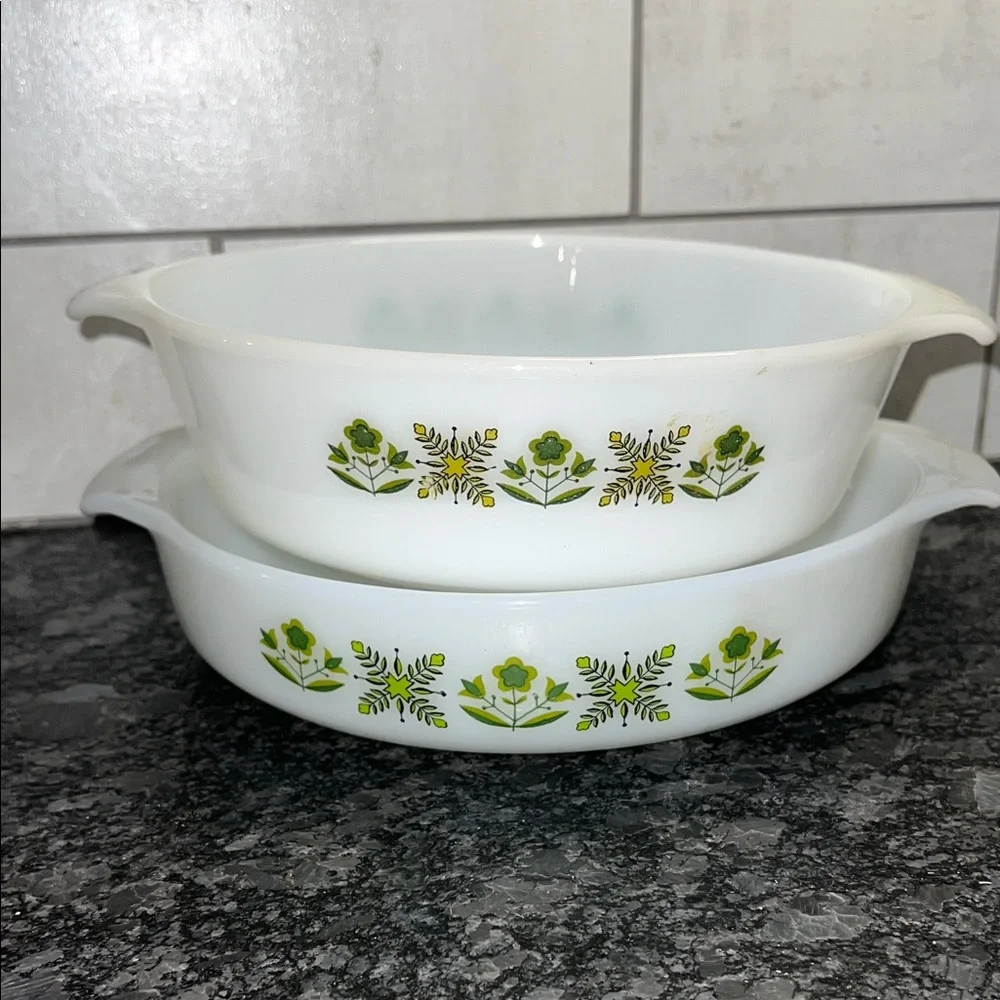 Vintage Fire King Meadow Green Floral Casserole Dishes. Exc like new condition